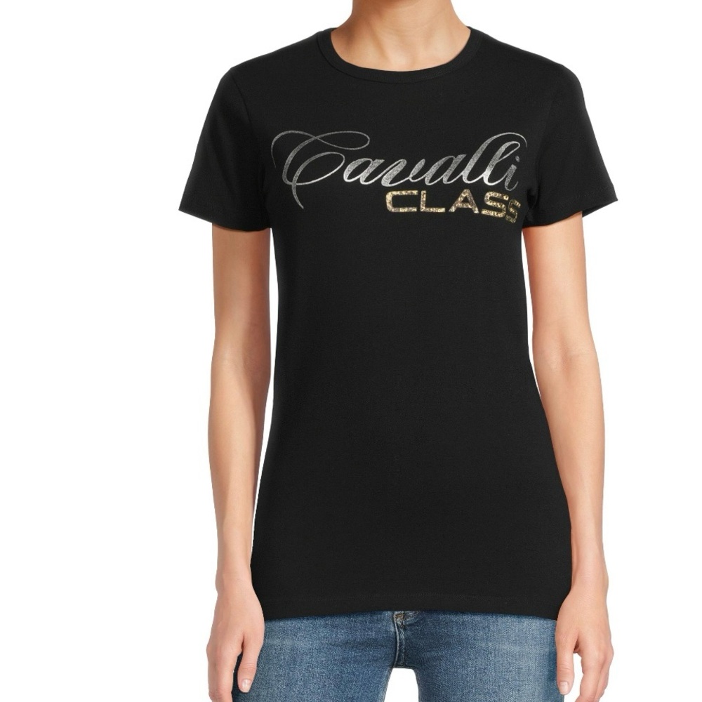 Roberto Cavalli Logo Black T-Shirt Women's M - NWOT Italian Designer Cotton Tee